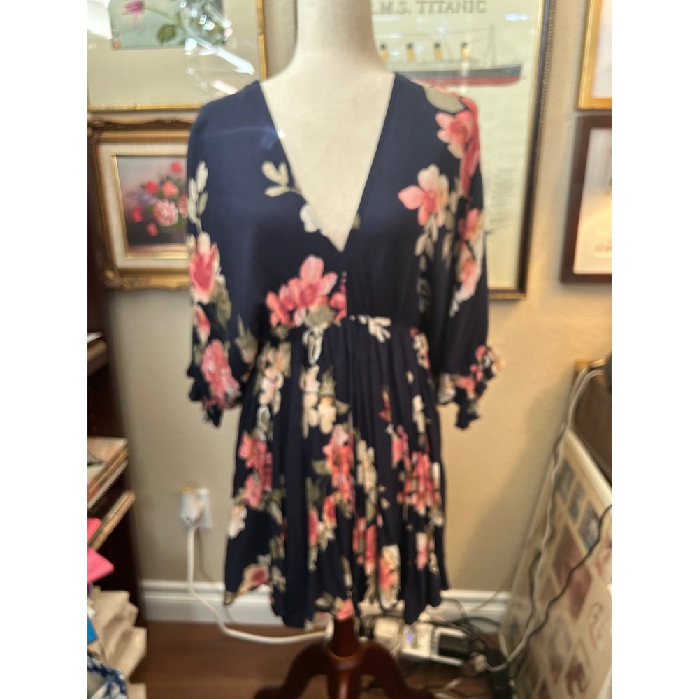 Navy Blue Floral Double V-Neck Mini Dress Size M Ruffle Sleeve Empire Waist - Picture 2 of 6